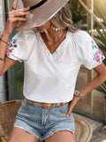 Frill Embroidered V-Neck Short Sleeve Blouse - Trendsi