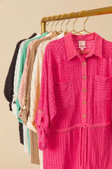 SO ME Textured Knit Button Front Romper - Trendsi - Flyclothing LLC