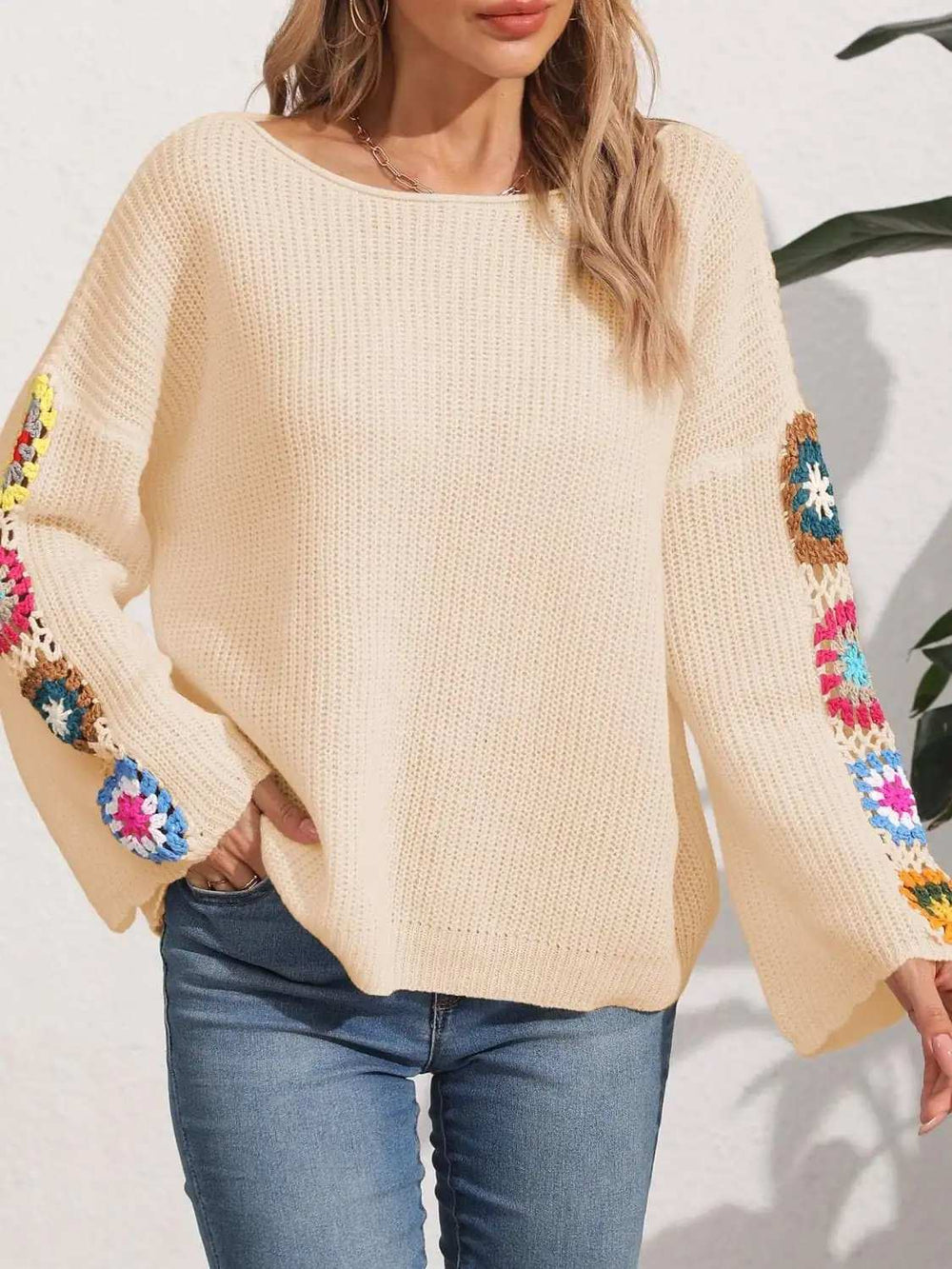 Crochet Flower Long Sleeve Sweater - Trendsi - Flyclothing LLC