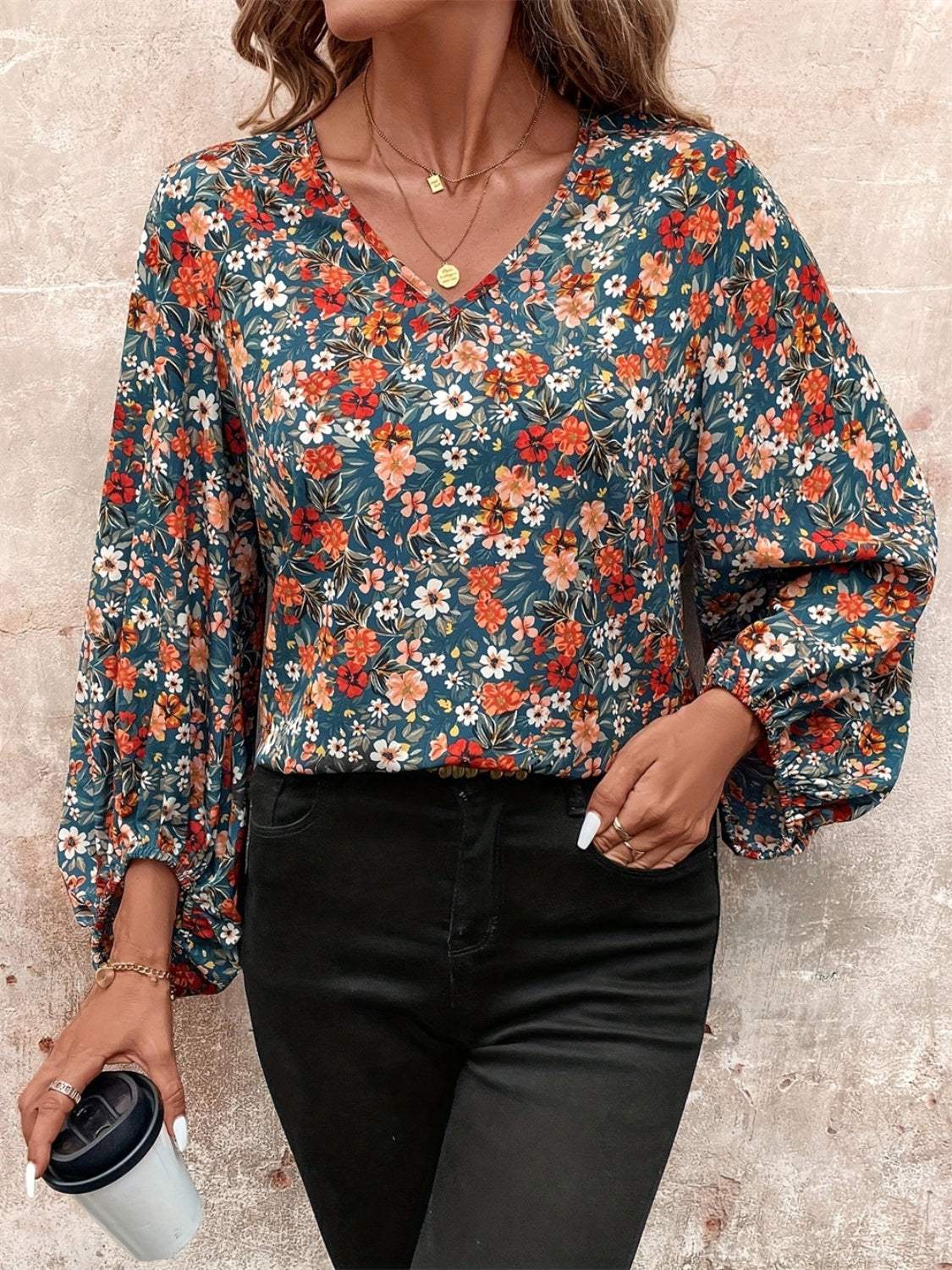 Printed V-Neck Balloon Sleeve Blouse - Trendsi - Flyclothing LLC