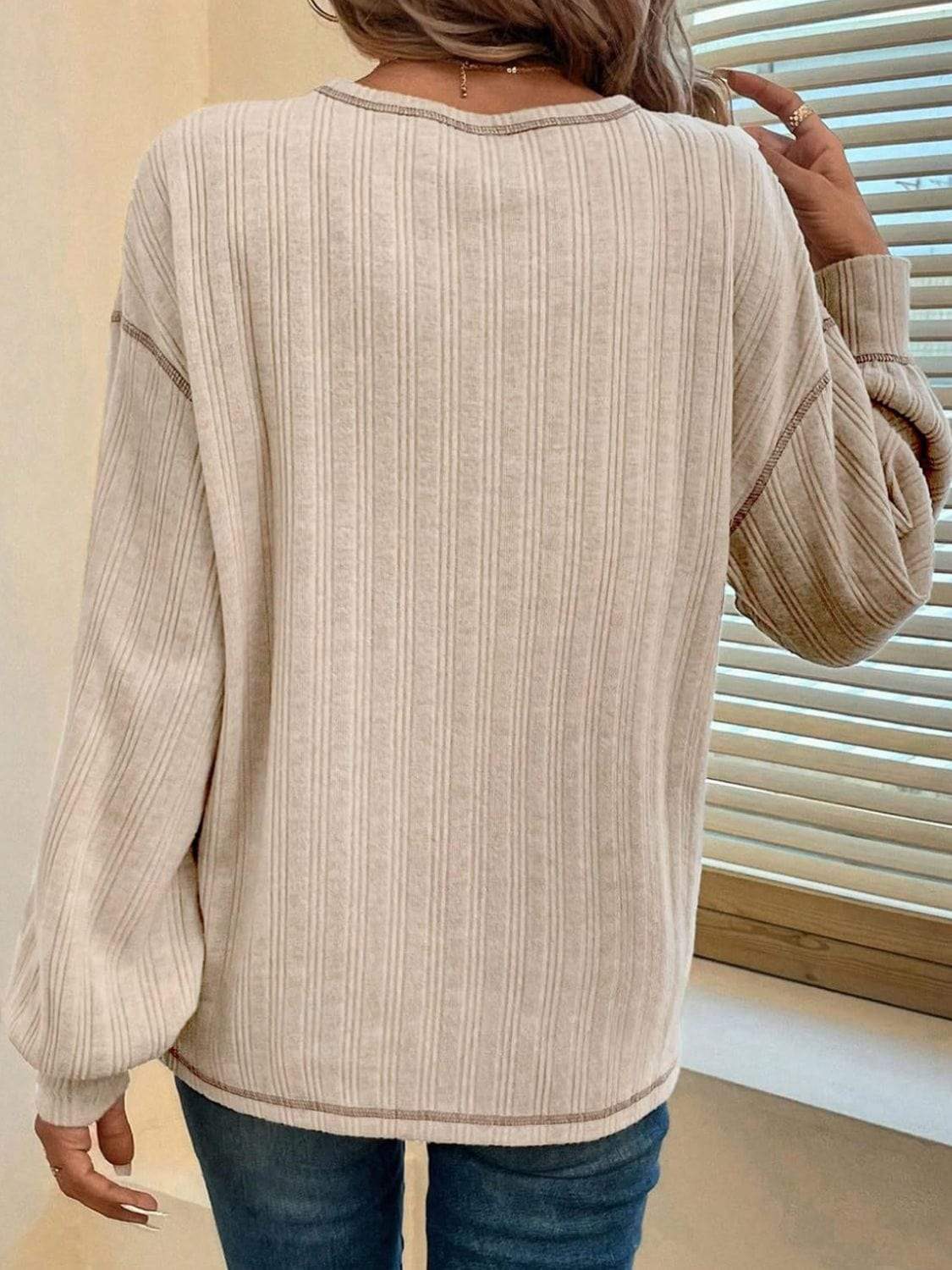 Mandy Contrast Stitching Round Neck Long Sleeve T-Shirt - Trendsi - Flyclothing LLC