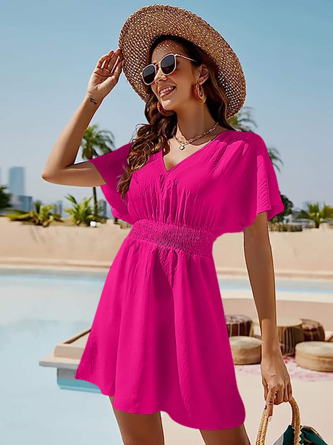 Smocked V-Neck Short Sleeve Dress - Trendsi - Flyclothing LLC