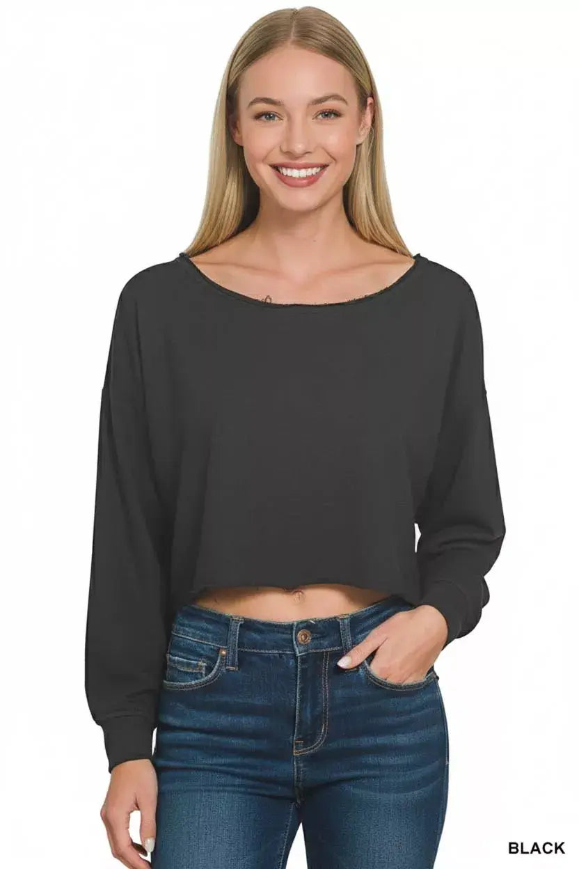Zenana French Terry Boatneck Crop Top - Trendsi - Flyclothing LLC