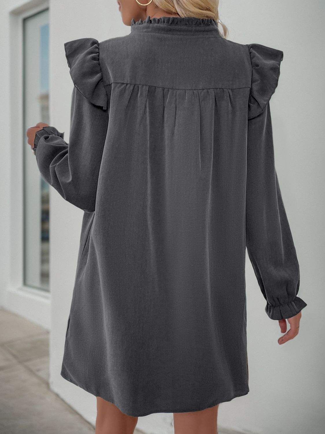 Perfee Ruffled Notched Long Sleeve Mini Dress - Trendsi - Flyclothing LLC