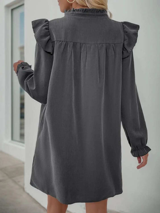 Perfee Ruffled Notched Long Sleeve Mini Dress - Trendsi - Flyclothing LLC