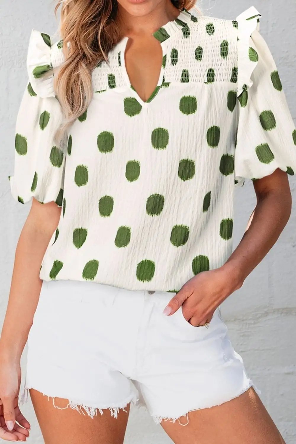 Polka Dot Shirred Yoke Notched Neck Puff Sleeve Blouse - Trendsi