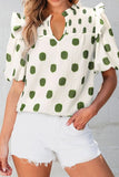 Polka Dot Shirred Yoke Notched Neck Puff Sleeve Blouse - Trendsi