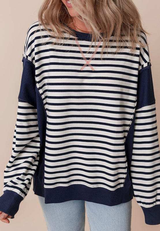 Exposed Seam Striped Long Sleeve Sweatshirt - Trendsi - Flyclothing LLC