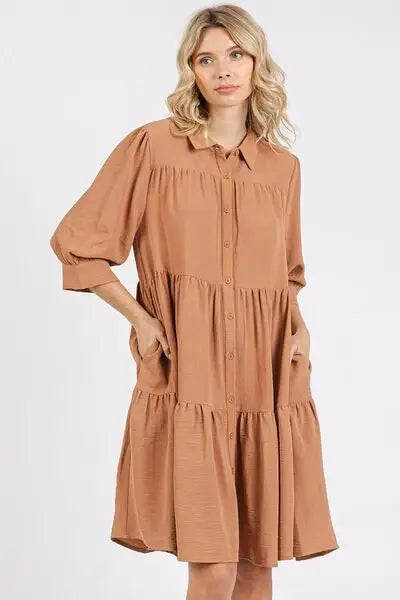 Mittoshop Button Detail Collared Neck Tiered Shirt Dress - Trendsi - Flyclothing LLC