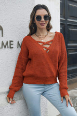 Crisscross Surplice Neck Long Sleeve Sweater - Trendsi - Flyclothing LLC