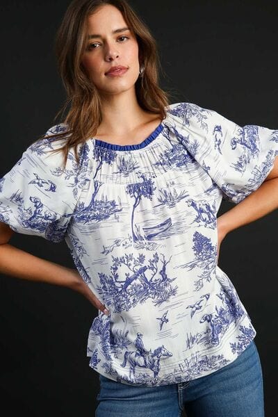 Umgee Full Size Two Tone Landscape Round Neck Print Top Plus Size - Trendsi