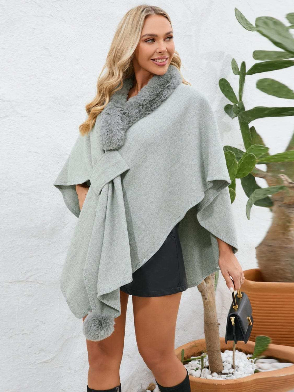 Fuzzy Trim Open Front Poncho - Trendsi - Flyclothing LLC