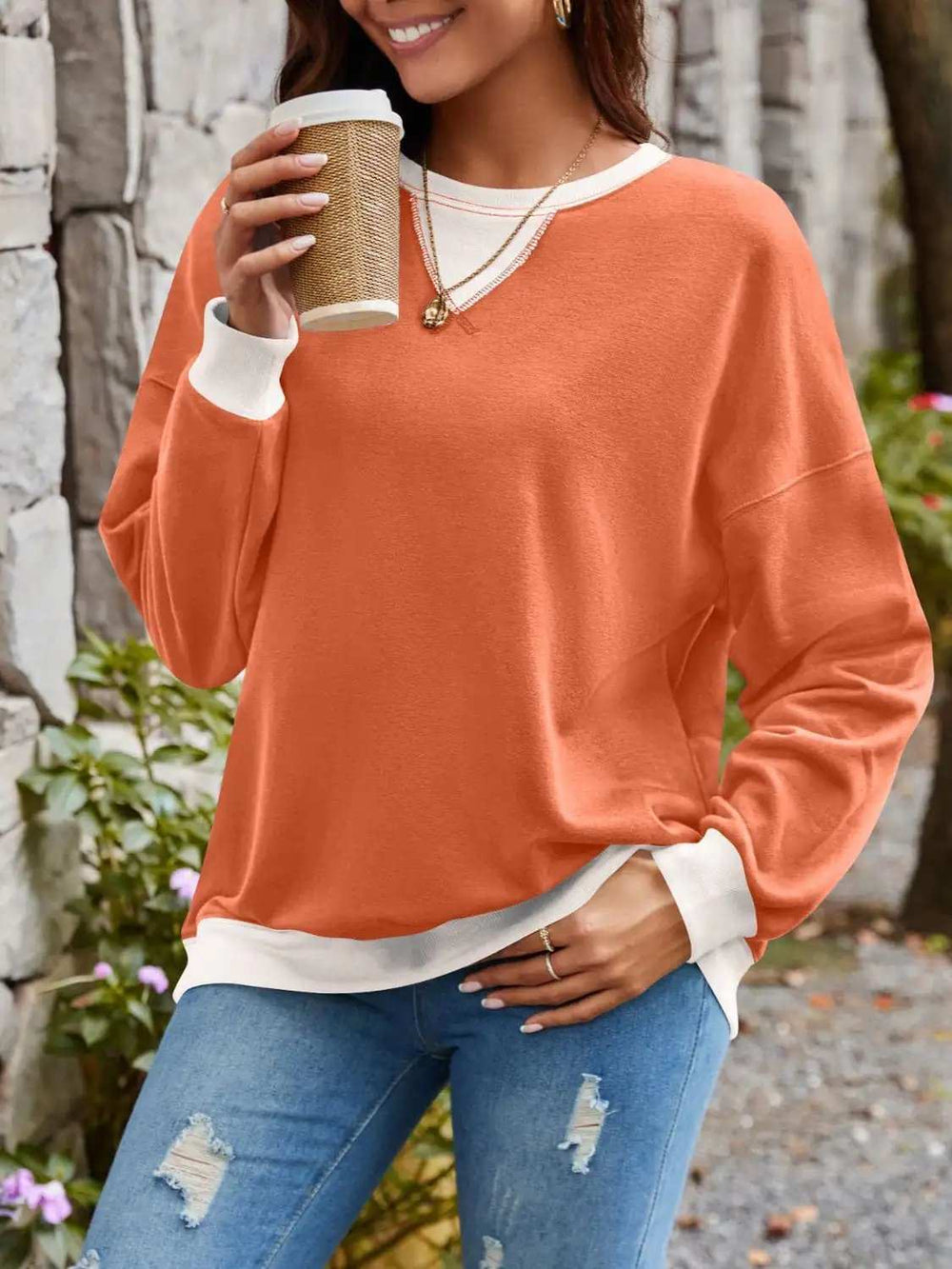 Contrast Round Neck Long Sleeve Sweatshirt - Trendsi - Flyclothing LLC