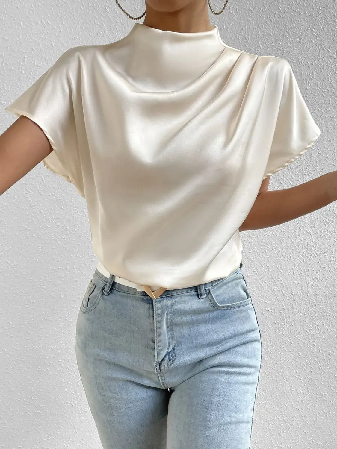 Mock Neck Short Sleeve Blouse - Trendsi - Flyclothing LLC