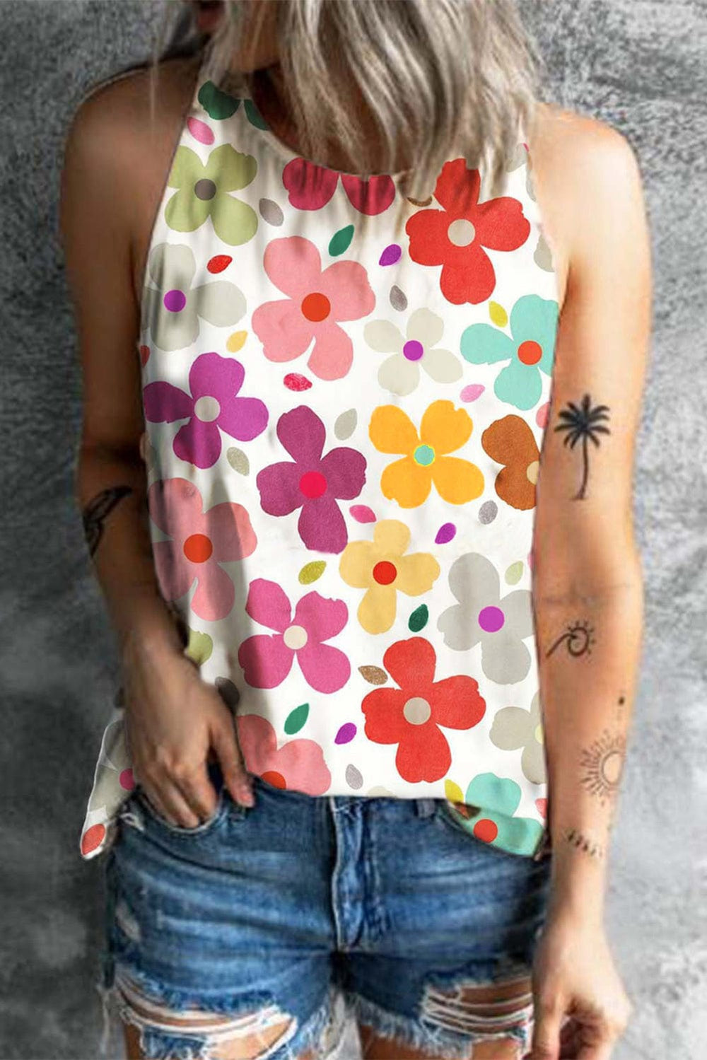 Flower Printed Round Neck Tank - Trendsi