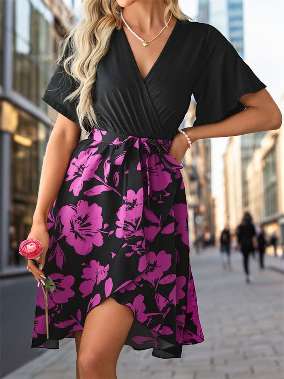 Tied Printed Short Sleeve Mini Dress Trendsi