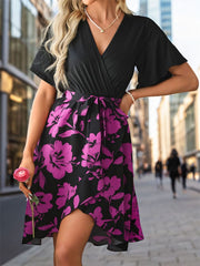 Tied Printed Short Sleeve Mini Dress Trendsi