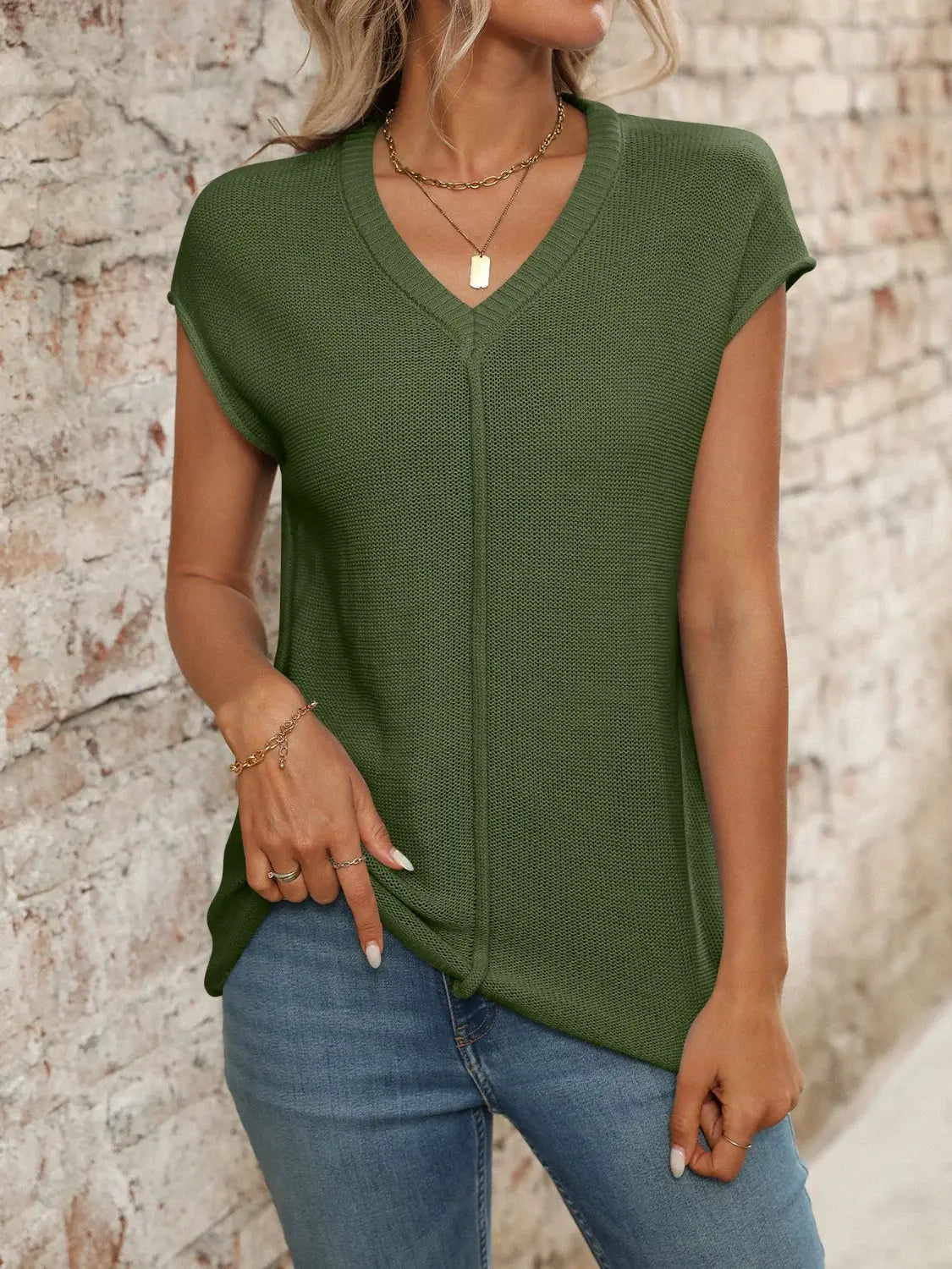 V-Neck Short Sleeve Knit Top - Trendsi - Flyclothing LLC