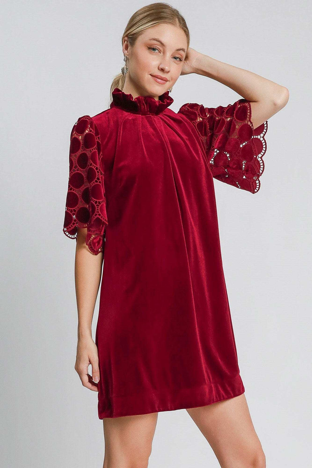 Umgee Dotted Lace Half Sleeve Mock Neck Back Tie Velvet Dress - Trendsi - Flyclothing LLC