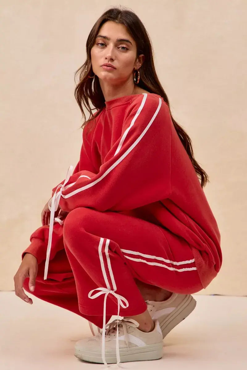 BiBi Side Lined Bow Details Fleece Sweatpants - Trendsi - Flyclothing LLC