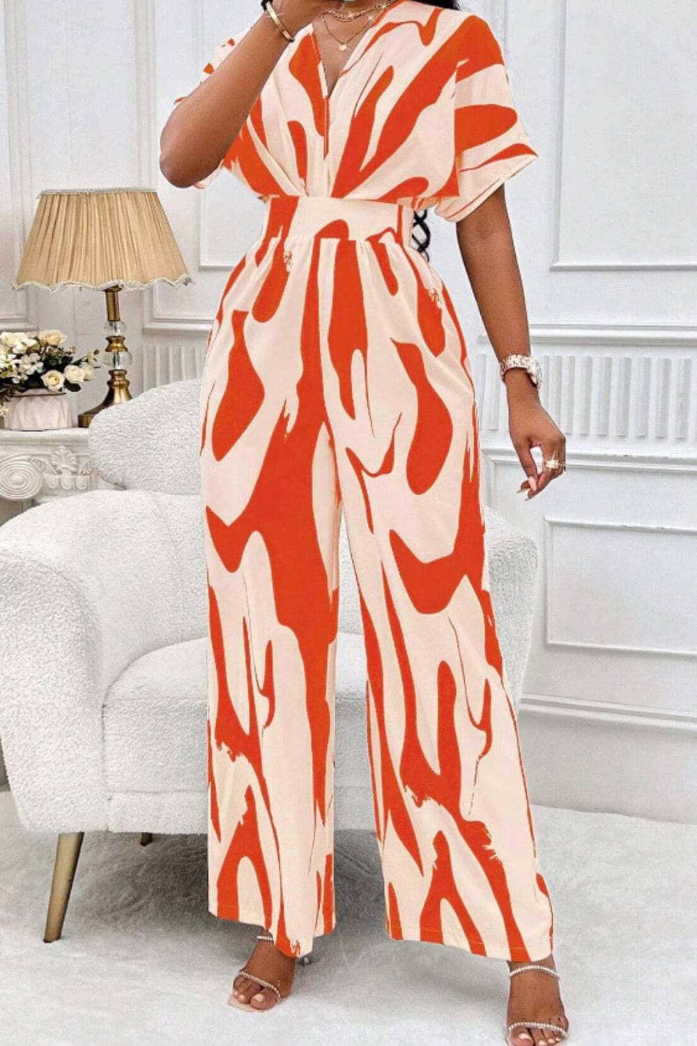 Printed V-Neck Short Sleeve Wide Leg Jumpsuit - Trendsi - Flyclothing LLC