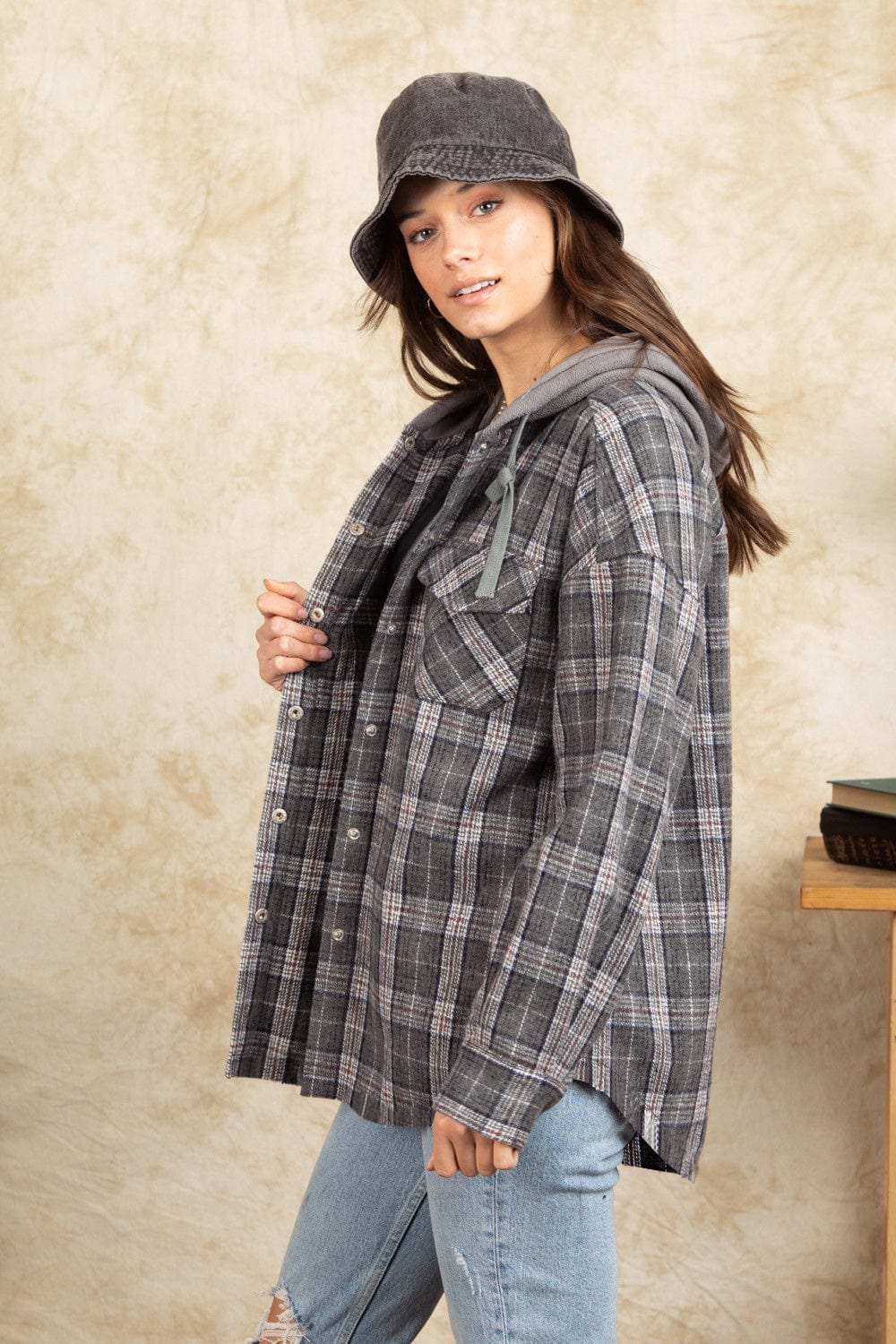 Drawstring Plaid Long Sleeve Hooded Jacket - Trendsi - Flyclothing LLC