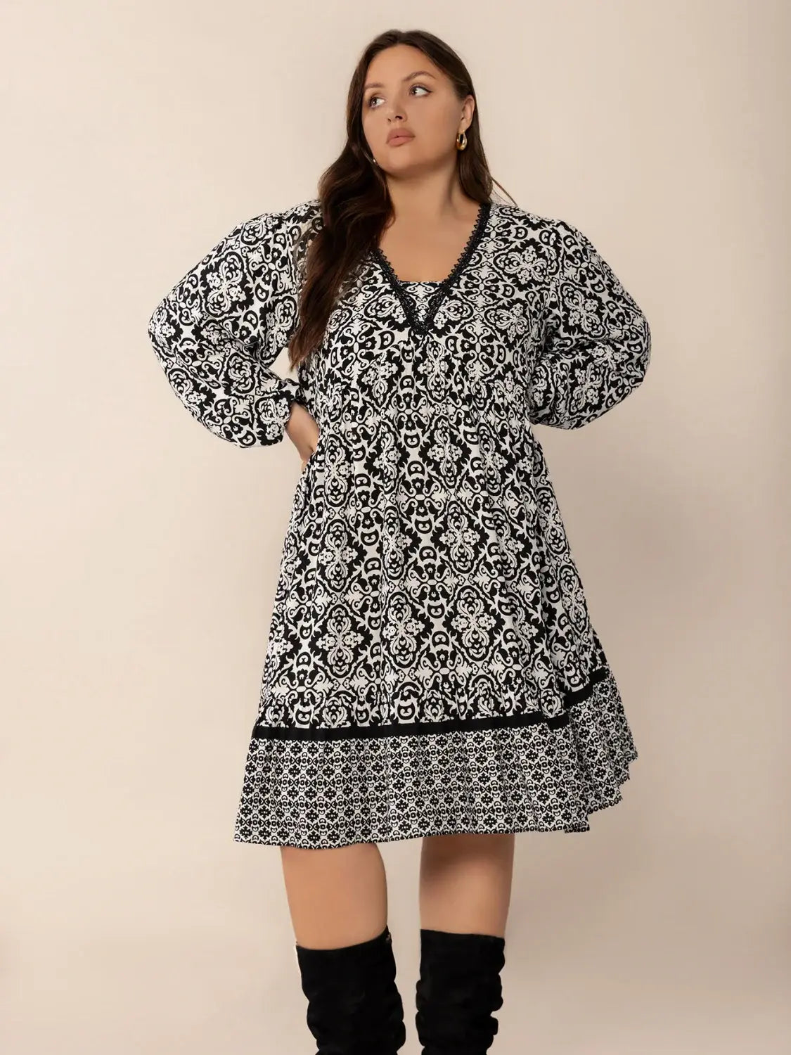 Plus Size Lace Detail Printed Balloon Sleeve Dress - Trendsi - Flyclothing LLC
