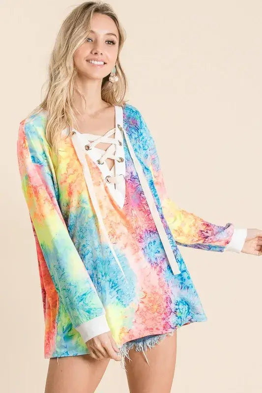 BiBi Tie Dye Deep V-neck Top With Lace Up Front - Trendsi - Flyclothing LLC