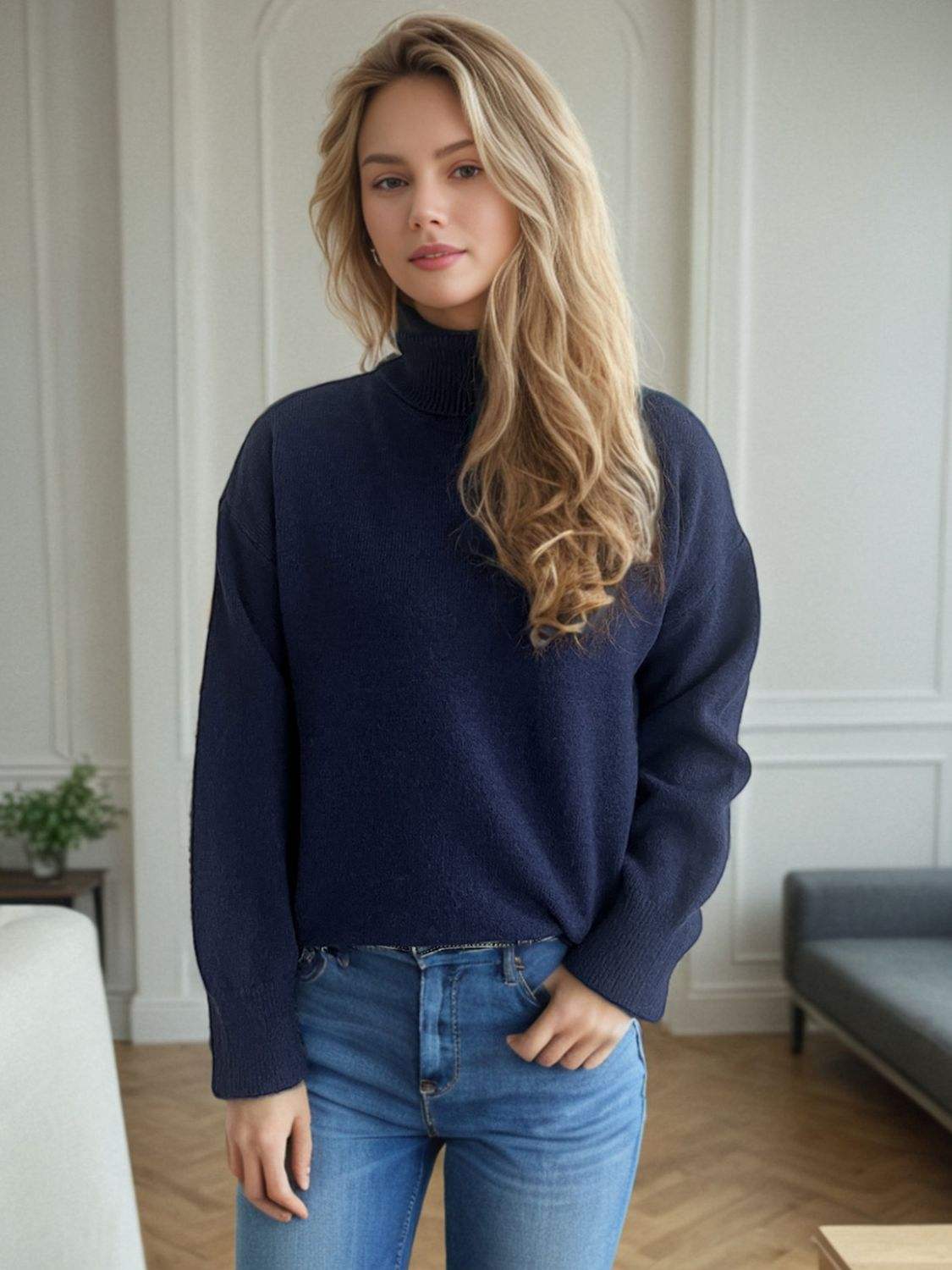 Turtleneck Dropped Shoulder Long Sleeve Sweater - Trendsi - Flyclothing LLC