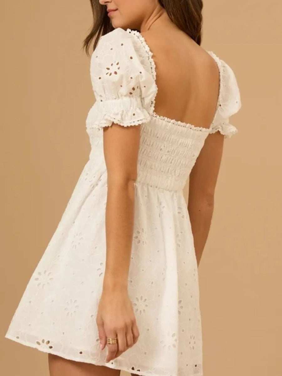 Eyelet Puff Sleeve Smocked Mini Dress - Trendsi - Flyclothing LLC