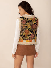 Embroidered Fuzzy Trim Open Front Vest Coat - Trendsi