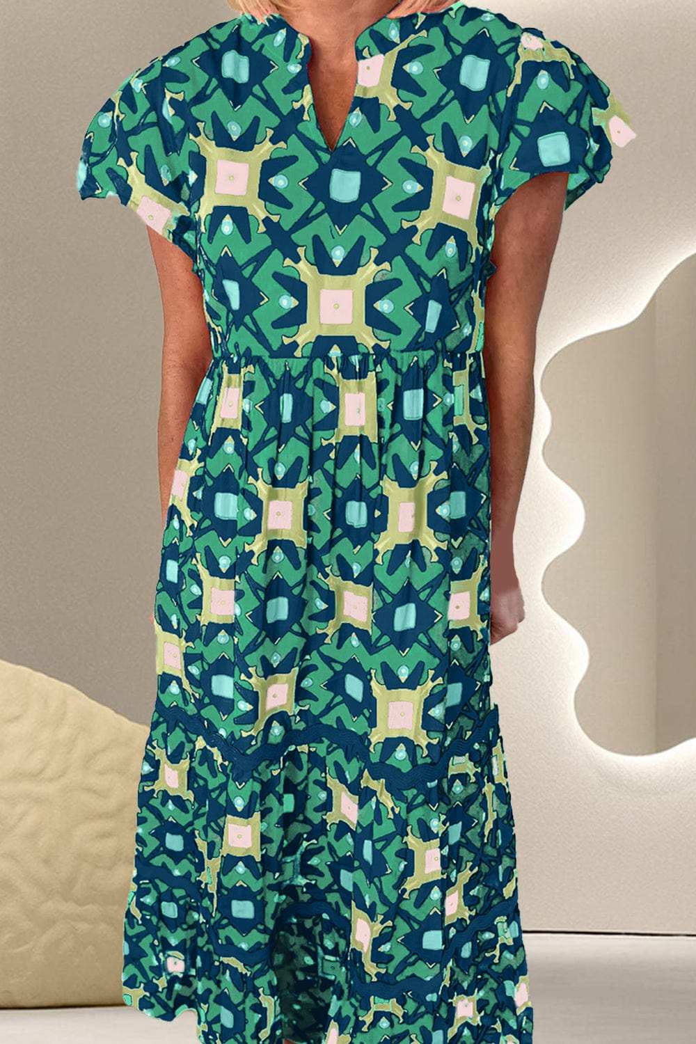 Printed Notched Cap Sleeve Dress - Trendsi - Flyclothing LLC