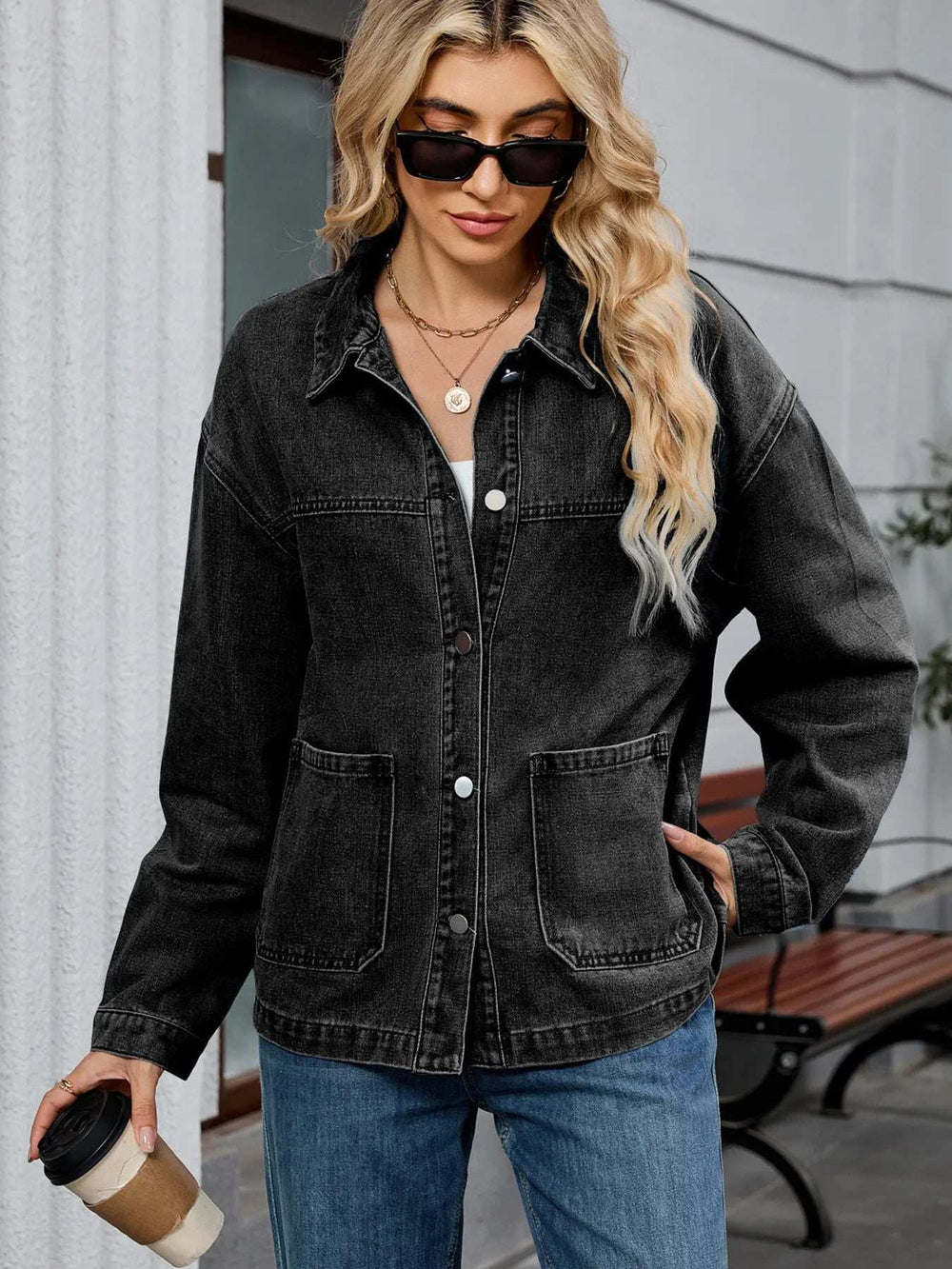 Washed Oversized Button Down Denim Jacket - Trendsi - Flyclothing LLC