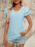 Eyelet V-Neck Ruffled Cap Sleeve Top - Trendsi
