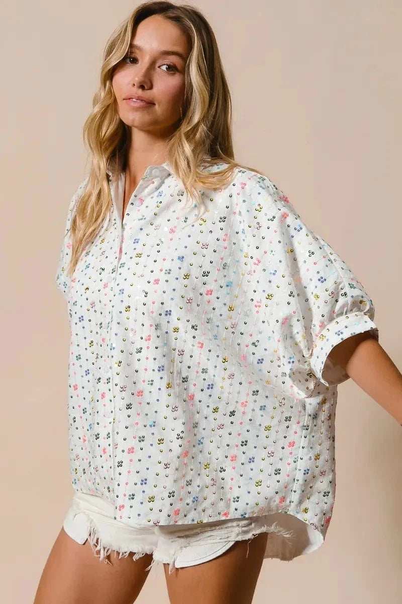 BiBi Sequin Striped Short Dolman Sleeve Blouse - Trendsi - Flyclothing LLC