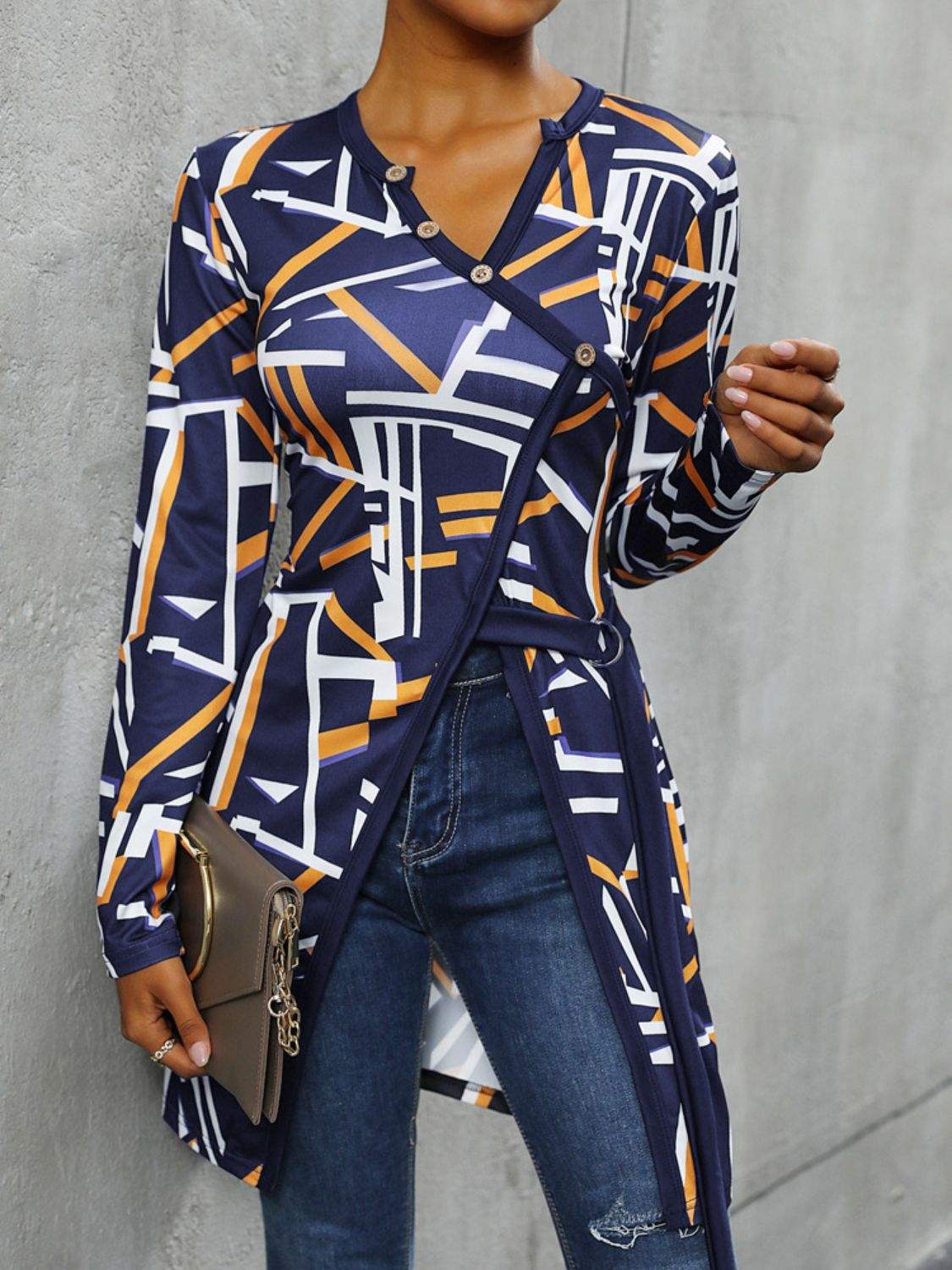 Geometric Surplice Long Sleeve T-Shirt - Trendsi - Flyclothing LLC