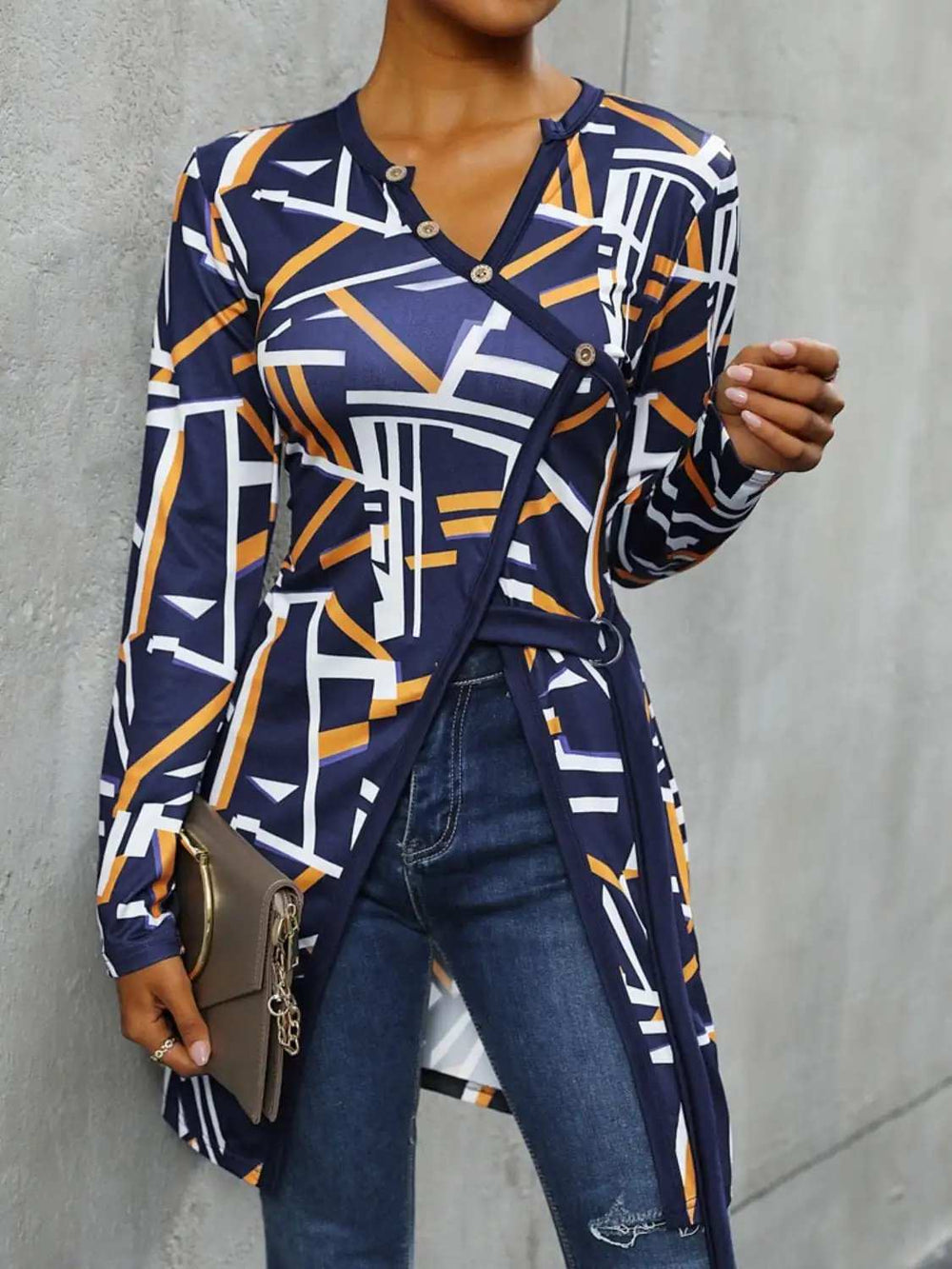 Geometric Surplice Long Sleeve T-Shirt - Trendsi - Flyclothing LLC