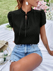 Frill Swiss Dot Tie Neck Short Sleeve Blouse - Trendsi