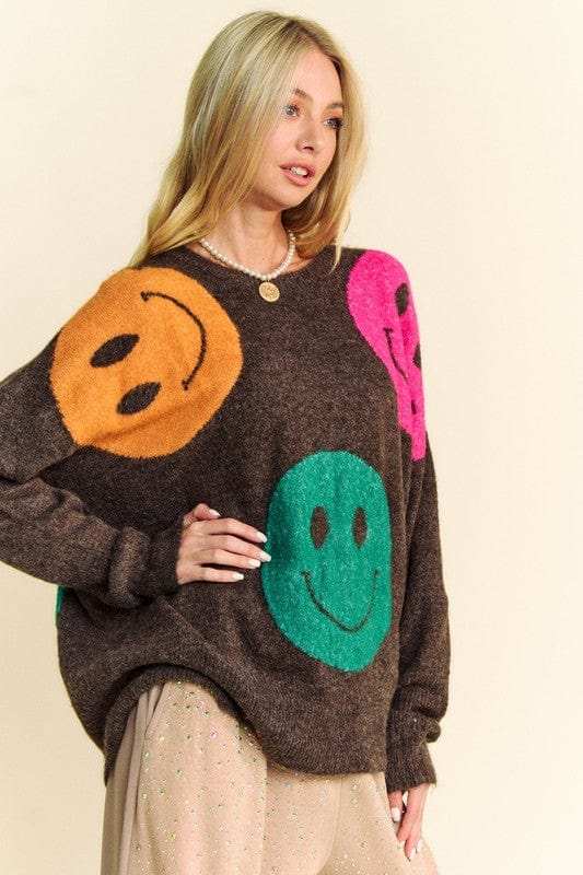 Davi & Dani Contrast Smile Round Neck Oversize Sweater - Trendsi - Flyclothing LLC