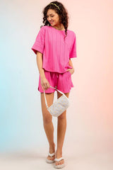 Textured Round Neck Top and Shorts Set - Trendsi