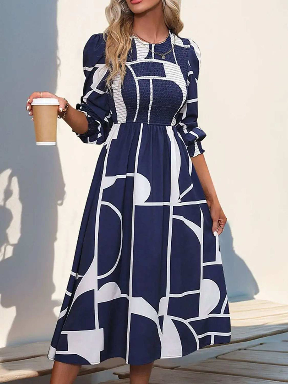 Smocked Color Block Long Sleeve Midi Dress - Trendsi - Flyclothing LLC