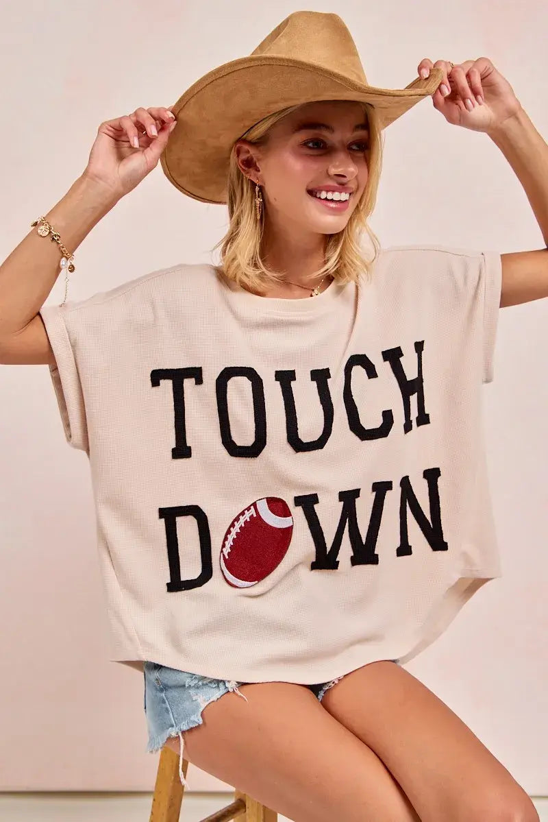 BiBi Game Day Touchdown Letter Patches Waffle Short Top - Trendsi - Flyclothing LLC
