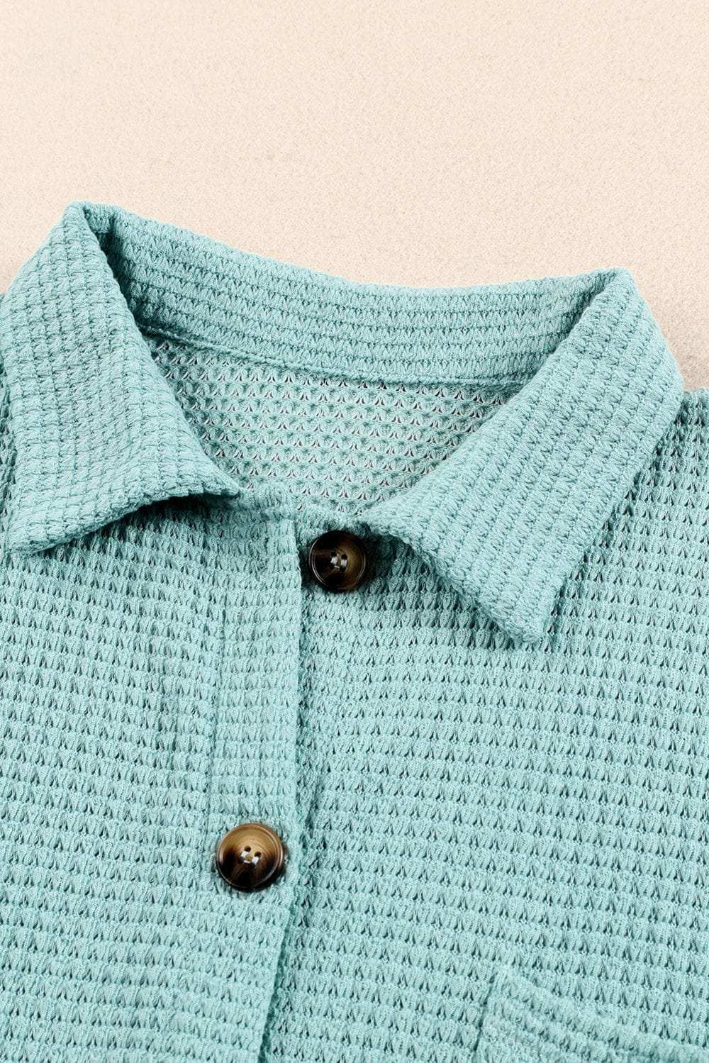 Waffle-Knit Collared Neck Long Sleeve Shirt - Trendsi - Flyclothing LLC