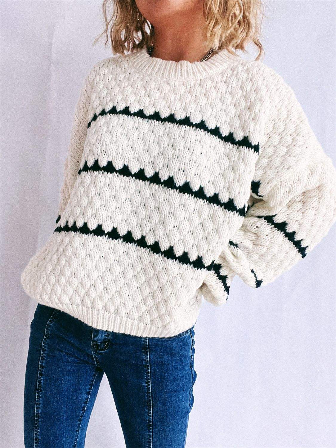 Contrast Stripes Round Neck Long Sleeve Sweater - Trendsi - Flyclothing LLC