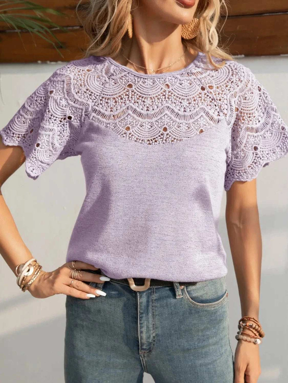 Round Neck Short Sleeve Crochet Top - Trendsi - Flyclothing LLC