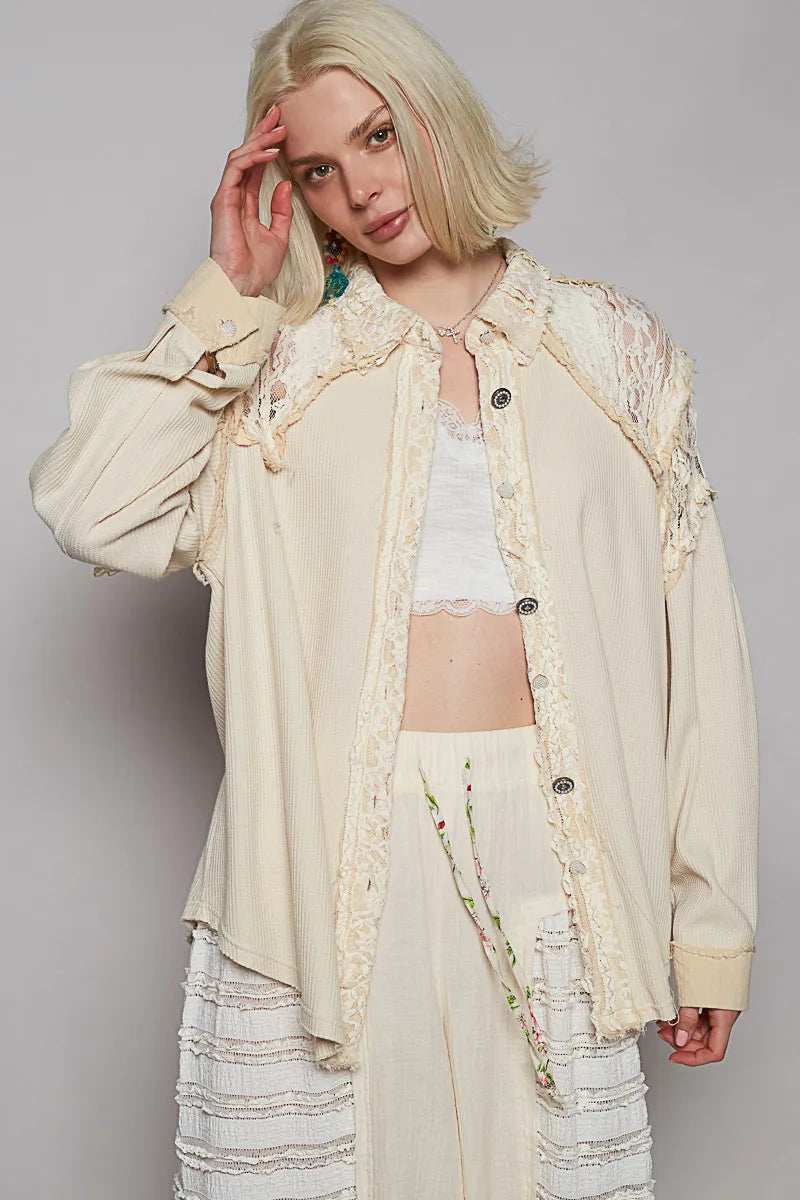 POL Lace Patchwork Button Up Shacket - Trendsi