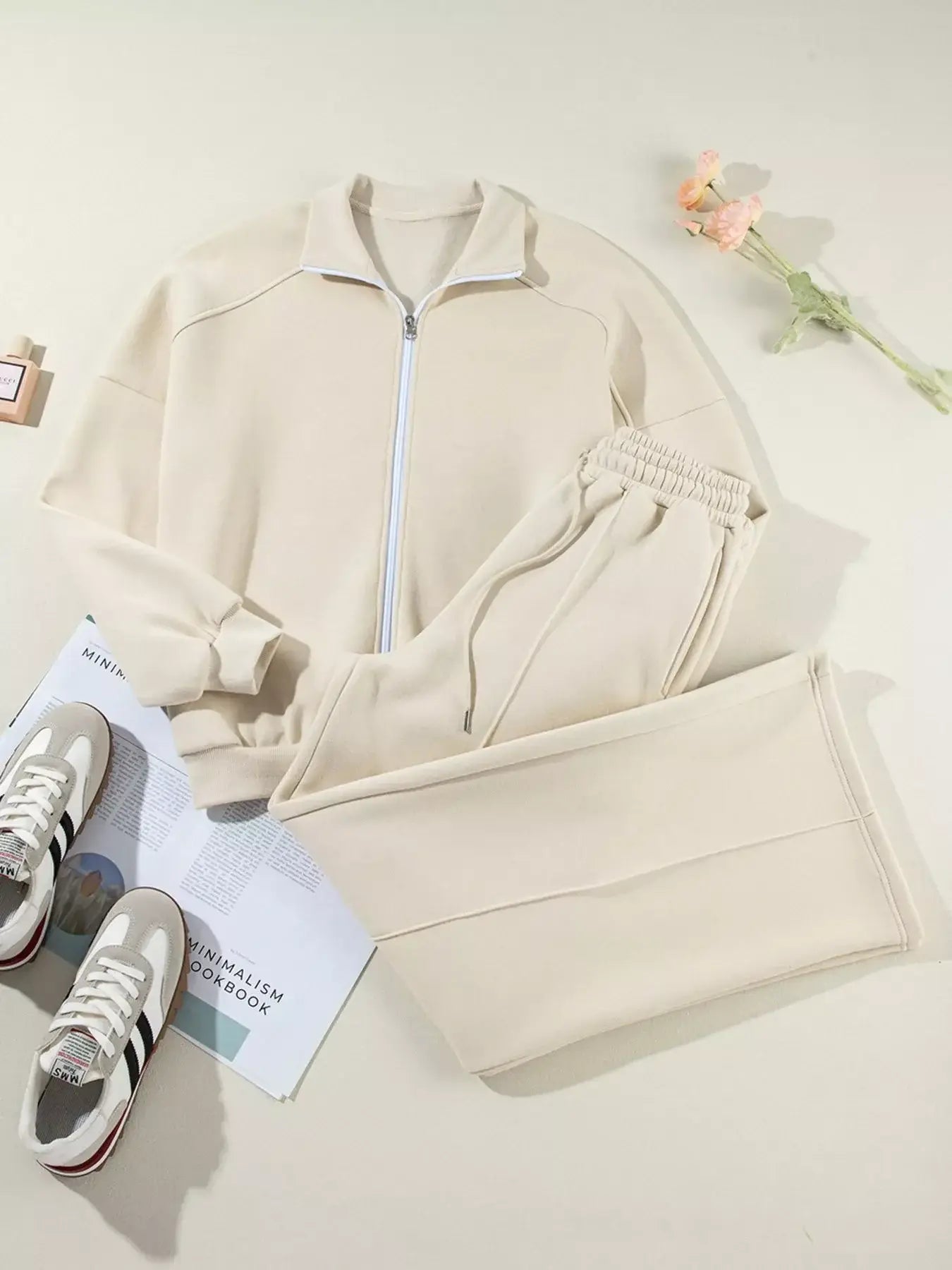 Drop Shoulder Zip Up Jacket and Drawstring Pants Active 2pcs Set - Trendsi - Flyclothing LLC