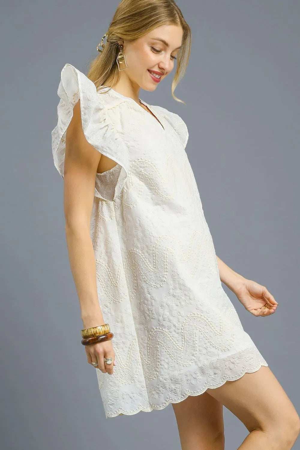 Umgee Scalloped Hem Embroidered Mini Dress - Trendsi - Flyclothing LLC