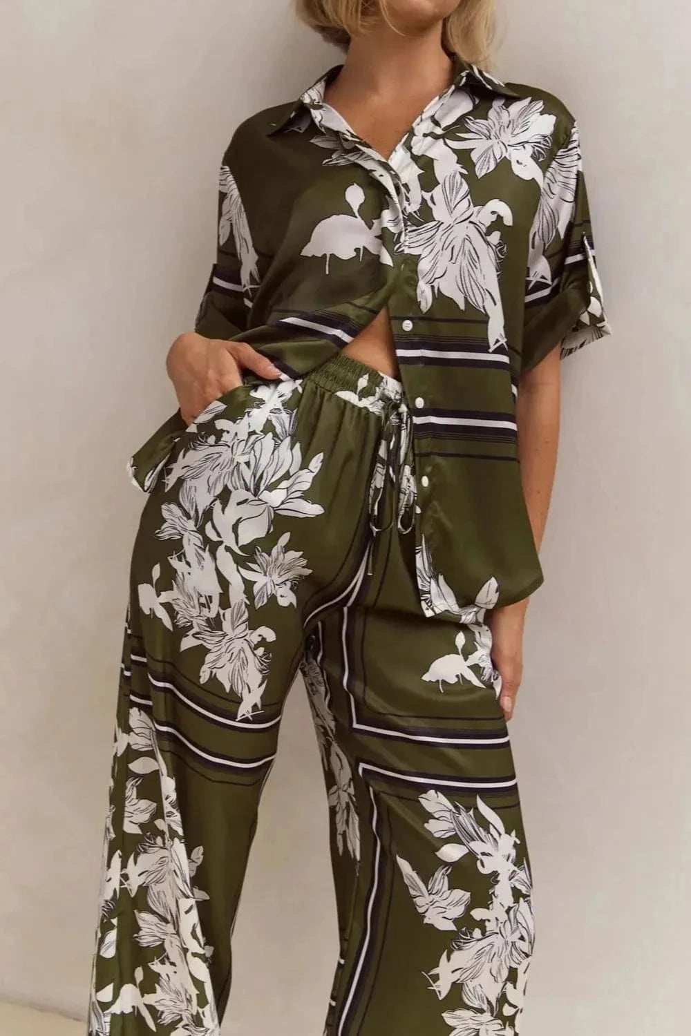 Printed Button Up Shirt and Pants Set - Trendsi - Flyclothing LLC