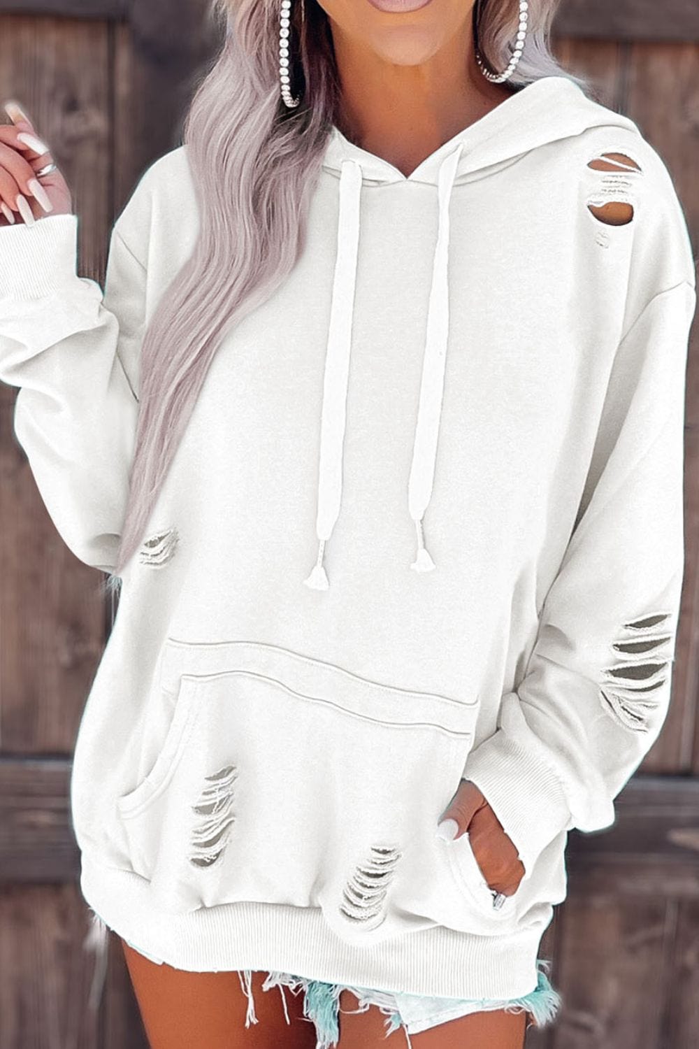Distressed Drawstring Long Sleeve Hoodie - Trendsi